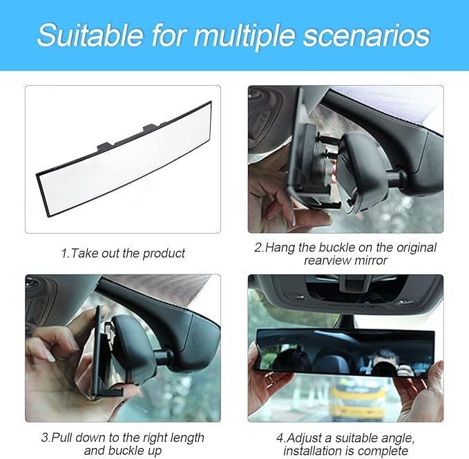 Car Rearview Mirrors, Shock Resistant Interior Clip-on Panoramic Rear View Mirror for Car, Wide Viewing Range, 12 inch HD Universal Use for Cars, SUVs, Trucks, Vehicles (White)