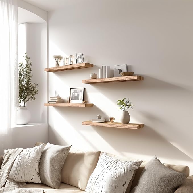 PHPH Wood Floating Shelves for Wall, Wooden Wall Shelves for Bedroom, Set of 6 Light Brown 17 Inch