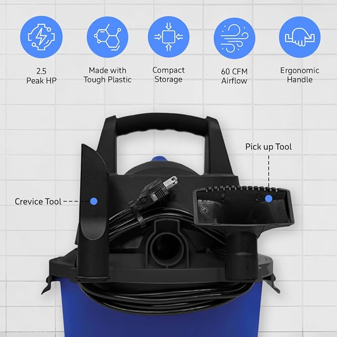 Koblenz WD-2.5L Portable Wet Dry Vacuum, 2.5-Gallon 2.5 PHP Suction Plus Blower Vacuum Cleaner for Liquids, Dust, Pet Hairs, 