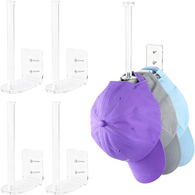 4 Pack Hat Racks for Baseball Caps, Clear Acrylic Hat Organizer Ball Hat Hook for Wall Baseball Cap Wall Mounted Hats Holder 