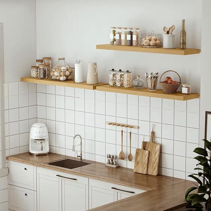 Vivelove Single Floating Shelves Oak 48 Inches, 48 x 10 inch Deep x 1.8 in Thick, Long Wall Shelves Heavy Duty 80 lbs for Bed
