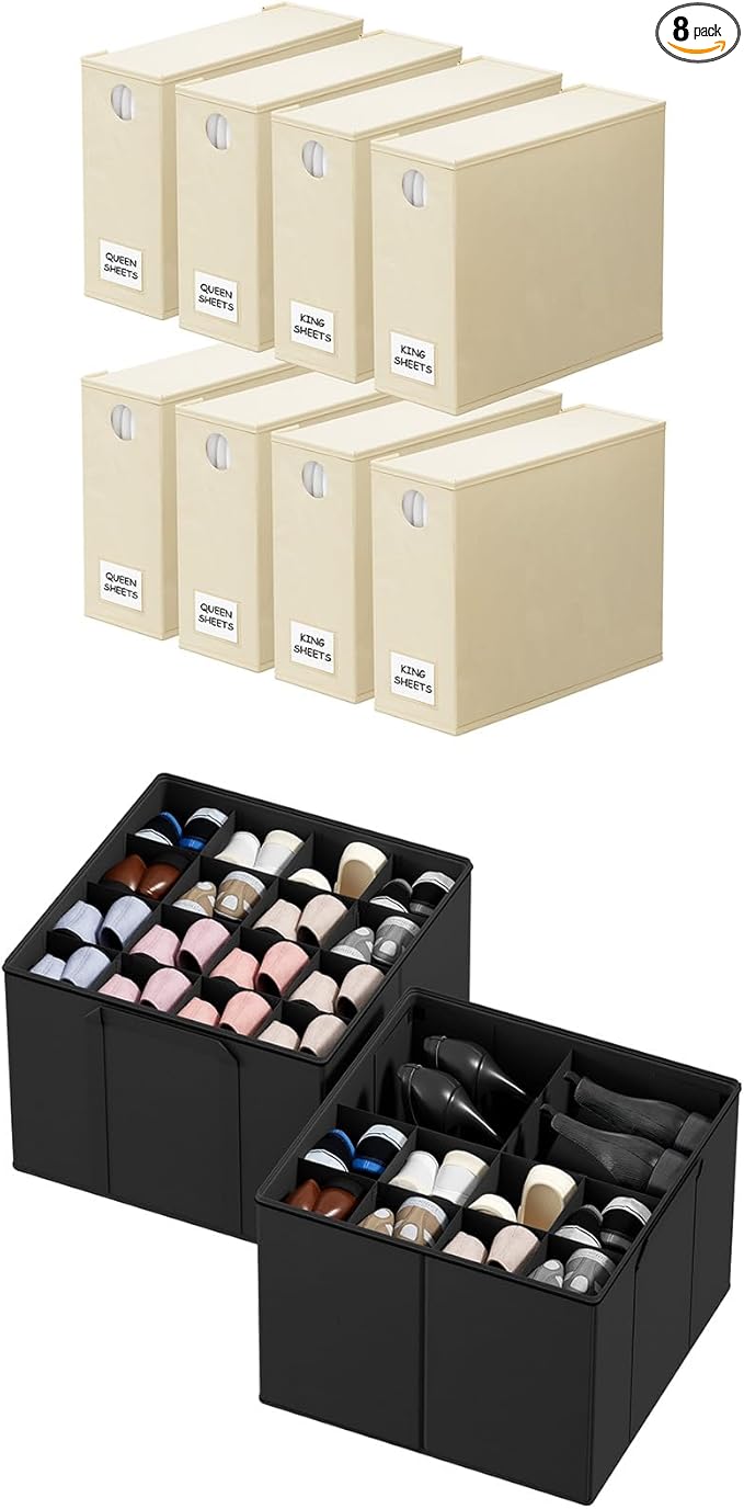 SpaceAid 8 Pack Bed Sheet Organizers and Storage, Shoe Organizer for Closet, 2 Pack Foldable Shoe Storage