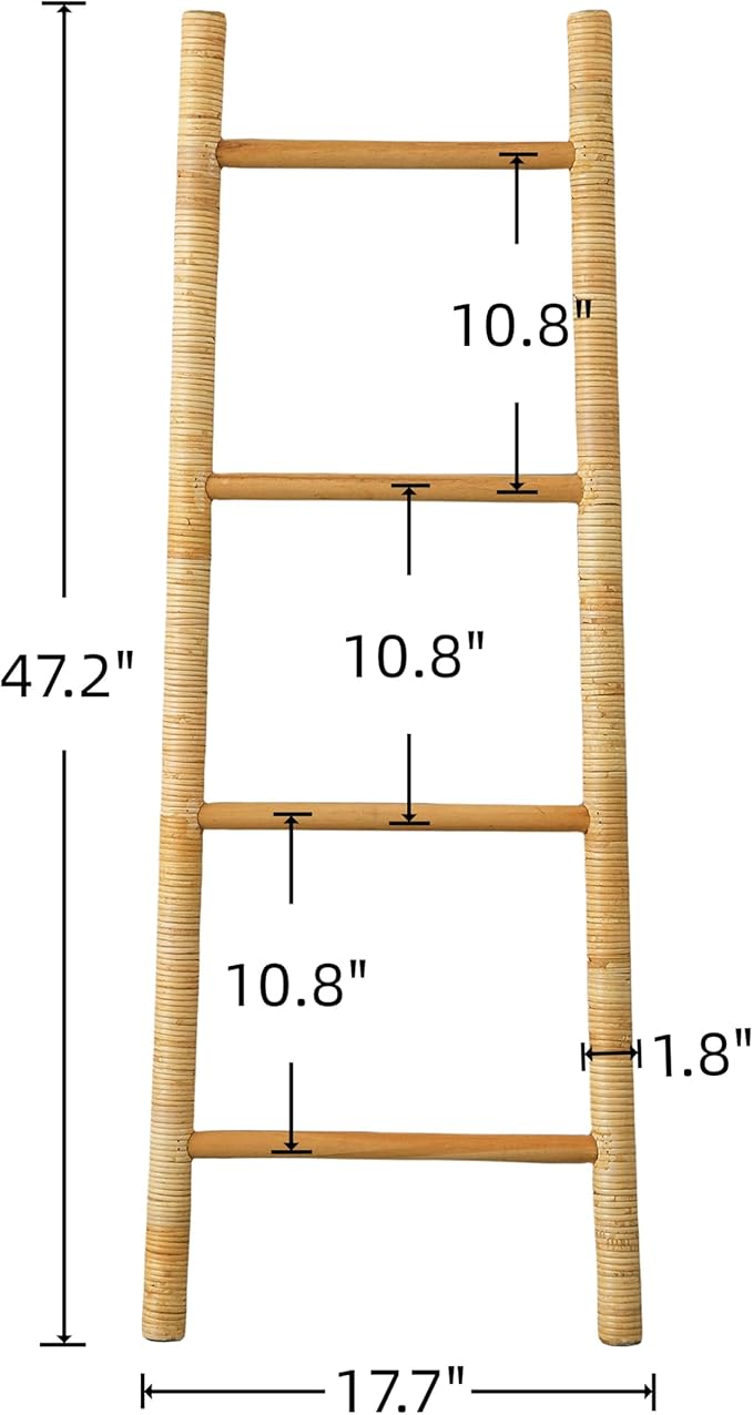 SOFE 4-Tier Rattan Blanket Ladder Shelves, 3.9Ft (47Inches) Decorative Ladder Holder, Wall Leaning Blanket Rack for Living Ro