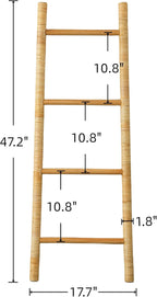 SOFE 4-Tier Rattan Blanket Ladder Shelves, 3.9Ft (47Inches) Decorative Ladder Holder, Wall Leaning Blanket Rack for Living Ro