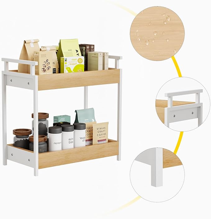 KLM Countertop Coffee Station Organizer, 2 Tier Wooden Shelf for Coffee Bar Accessories, Condiment Storage Caddy for Kitchen,