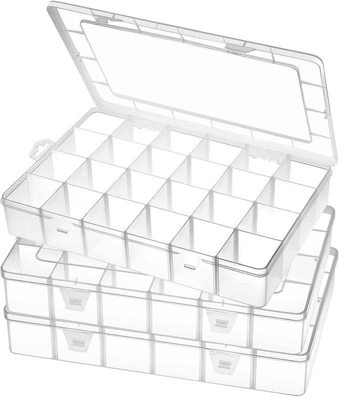 Gbivbe Large 24 Grids Plastic Organizer Box Adjustable Dividers,Clear Storage Box for Jewelry, Art DIY Crafts, Washi Tapes, B