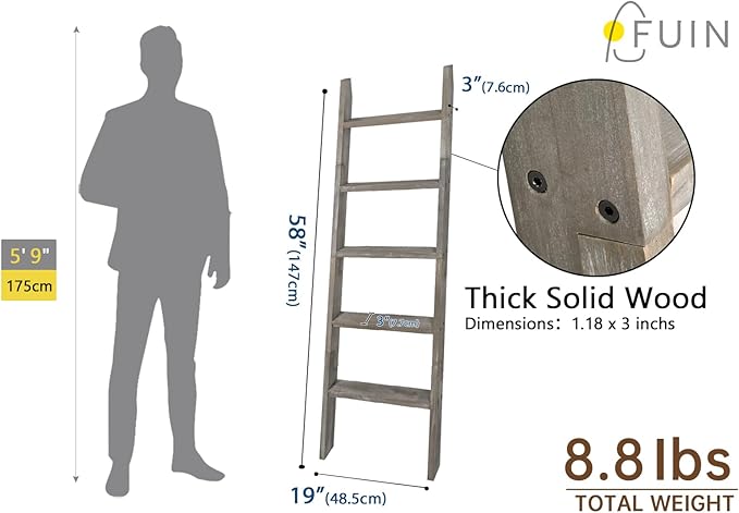 FUIN 5ft (58") Wood Blanket Ladder Living Room Decorative Wall Leaning Farmhouse Quilt Display Holder Shelf Rustic Wooden Tow