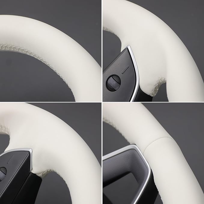 MEWANT Hand Stitched White Leather Steering Wheel Cover for Tesla Model 3 Highland 2023 2024 2025