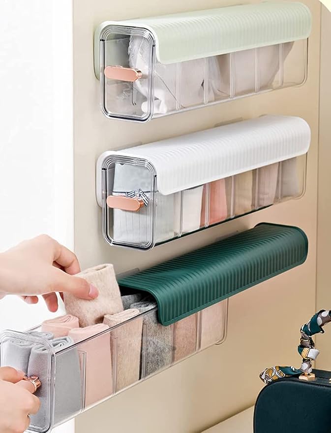 Socks Underwear Wall Mount Drawer Organizer, Switchable 6 Cell Drawer Acrylic Organizers Self-Adhesive Anti Dust Storage Boxe