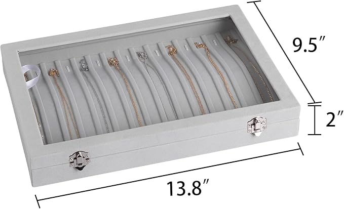 Frebeauty 15 Hooks Necklace Tray Velvet Neckalce Organizer with Clear Lid Lockable Necklace Holder Box Jewelry Organizer for 
