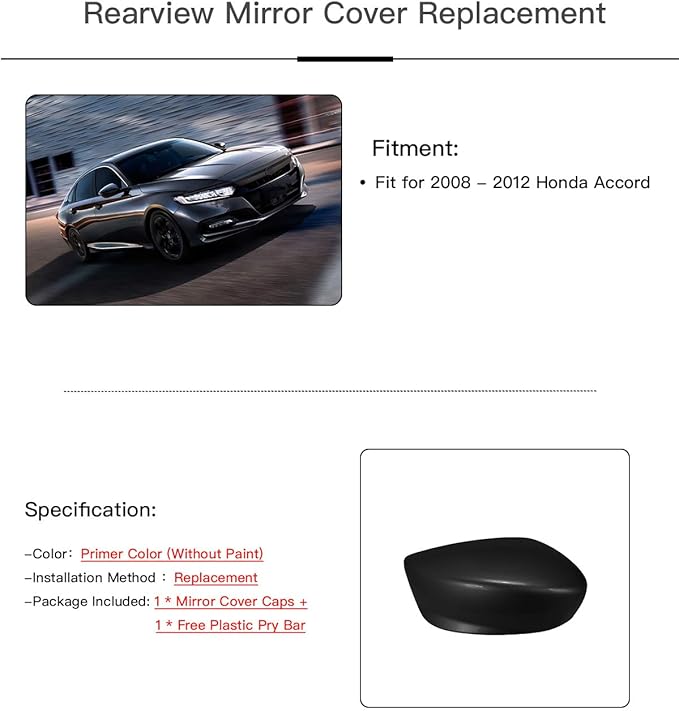 Left Driver Side Mirror Cover Cap Compatible with Honda Accord 2008-2012 Prime Color,Not Painted Yet