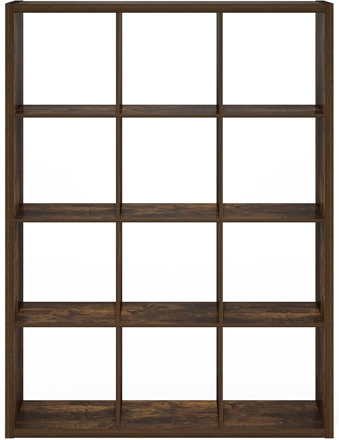 Furinno Cubicle Book Shelf, 12-Cube Bookshelf, Extra Thick Frame Reversible Bookcase with Open Back, 14.6" x 44" x 58", for L