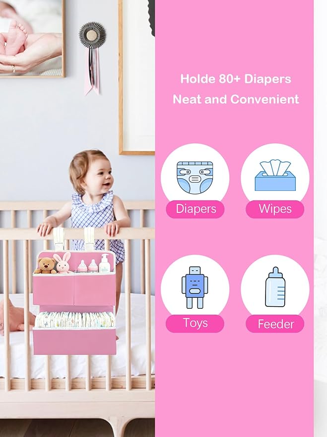 Hanging Diaper Organizer for Bassinet/Crib/Playpen/Playard – Hold 80+ Diapers - Changing Table Diaper Holder Attachment Acces