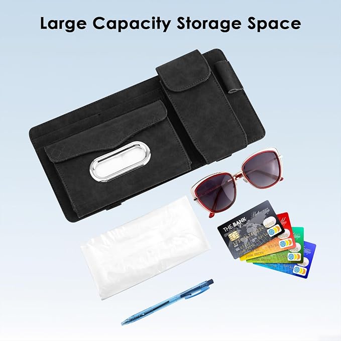 Multi-Pocket Car Visor Organizer with Zippered Compartments - 6-Pocket Sun Visor Storage Pouch for Sunglasses, Phone, Keys, Cards - Universal Fit for Cars, Trucks, SUVs (Beige)