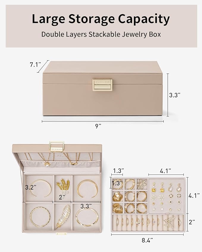 VLANDO Jewelry Box for Women, Gift for Women Girls,2 Layer Jewelry Box,Large Jewelry Organizer for Women Removable Jewelery T