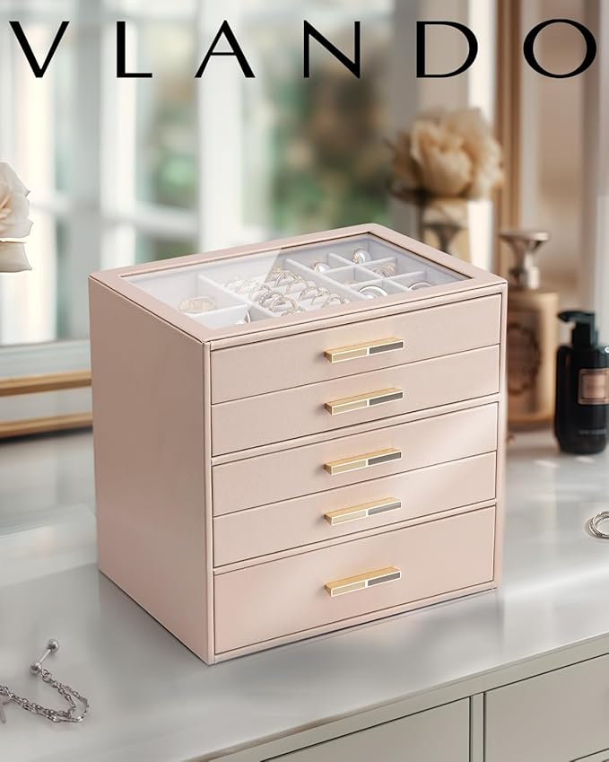VLANDO 5 Layer Jewelry Box for Women, Glass Lid Jewelry Organizer with 5 Drawers for Necklaces Rings Earrings Bracelets - Tof