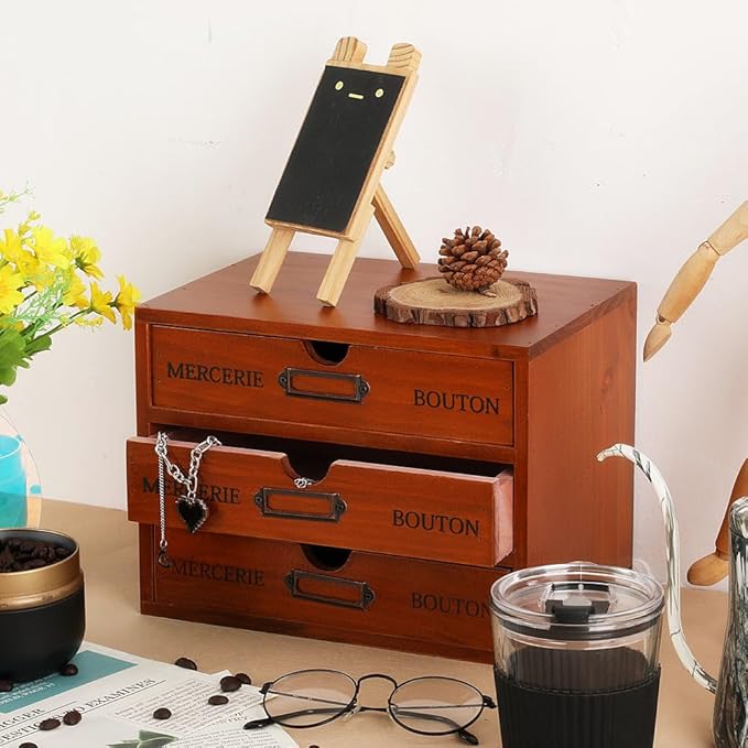 Wooden Storage Box Rustic Desktop Organizer with 3 Drawers Office Desk Accessories Shelf Small Craft Storage Containers Apoth