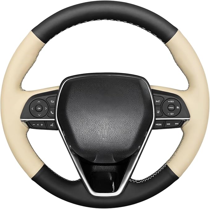MEWANT Breathable Beige + Black Microfiber Leather DIY Car Steering Wheel Cover for Toyota Camry 2018-2019 / Toyota Avalon 2019 / Toyota Corolla 2019-2020 / Toyota RAV4 2019