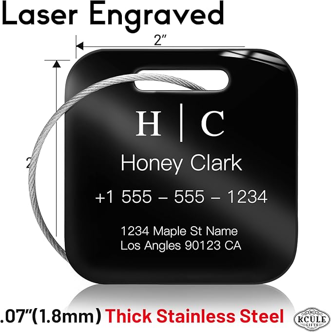 Stainless Luggage Tags for Suitcases 4 Pack: Metal Personalized Luggage Tags for Backpacks & Bags with Customizable Texts (Bl