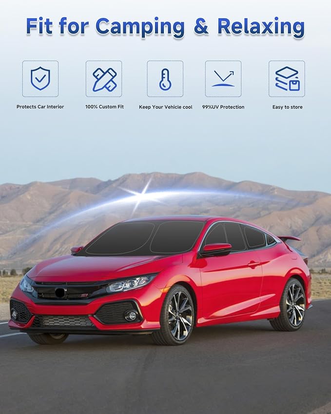 8PCS Window Shades for Honda Civic(2016-2021) Accessories – Full Coverage Sun Shade for Side Windows, Rear Triangular & Windshield – UV Protection & Privacy for Camping, Napping, Relaxing
