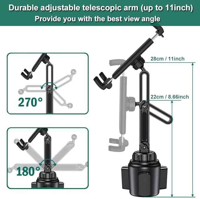 Car Cup Holder Tablet Mount for 4-13" iPad & Phone, Universal Truck Cup Tablet Mount with Adjustable Arm for iPad Pro 12.9 9.7 Air Mini, Samsung Galaxy Fold 4 3, Kindle Fire HD, iPhone etc