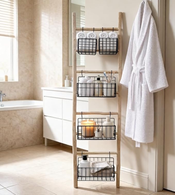 PARISLOFT 8-Tier Wooden Blanket Ladder with 5 Removable Baskets, Farmhouse Leaning Ladder Shelves for Living Room & Bedroom, 