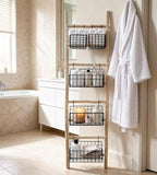PARISLOFT 8-Tier Wooden Blanket Ladder with 5 Removable Baskets, Farmhouse Leaning Ladder Shelves for Living Room & Bedroom, 