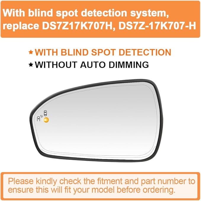 Senzeal Driver Side Heated Mirror Glass with Blind Spot Detection BLIS for Ford Fusion 2013 2014 2015 2016 2017 2018 2019 2020 2021 DS7Z17K707H DS7Z-17K707-H (No Auto Dimming)(Left Side)
