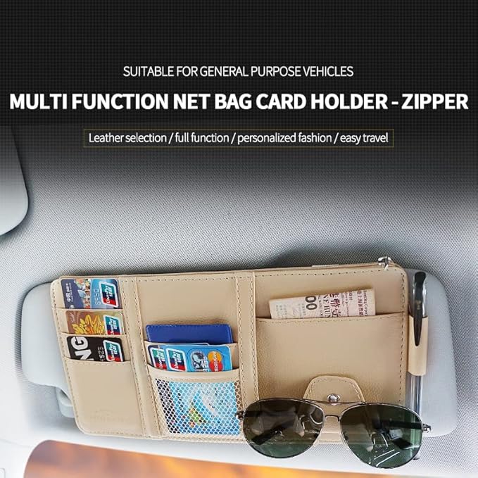 Car Sun Visor Organizer Auto Car Visor Pocket and Interior Accessories Car Storage Organizer with Multi-Pocket Net Zippers (Style 1-Beige)