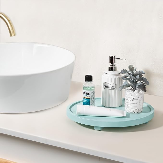 Round Decorative Tray Wood Bathroom Counter Organizer Farmhouse Kitchen Decor Wooden Riser for Soap Dish, Perfume, Candle, Sp