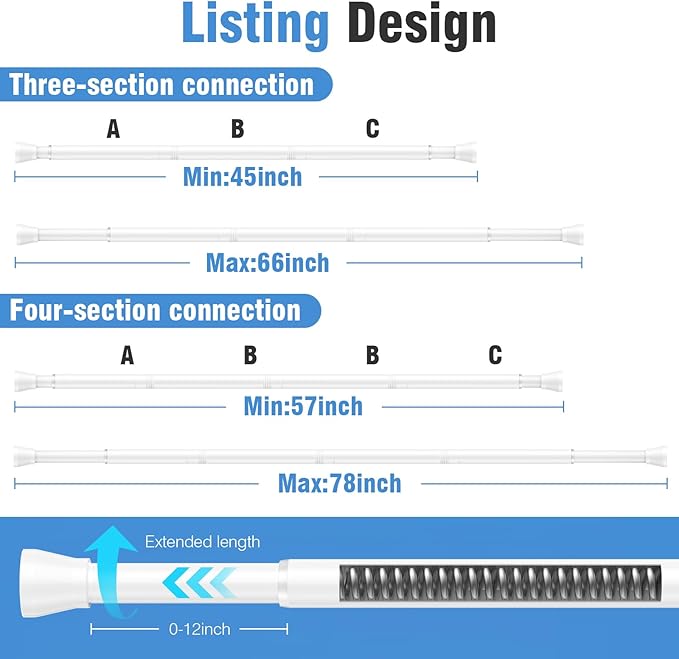 AIZESI 2 Pack Tension Curtain Rod for Windows 45 to 77 Inch, Adjustable Expandable Spring Curtain Rods No Drilling, Non Slip 