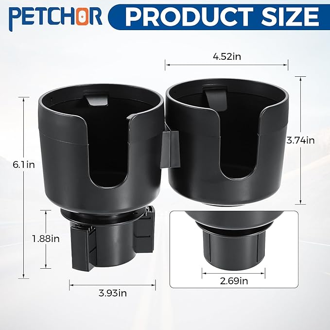 2-in-1 Multifunctional Car Cup Holder Expander, Large Auto Dual Cup Holder Expander Adapter with Adjustable Base, All Purpose Car Cup Holder for Bottles Cups Snack Organizer