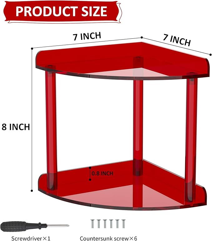 Sezanrpt 2 Tier Countertop Corner Organizer Shelf 7x7x8 Inch, Red Acrylic Bathroom Corner Shelf for Countertop, Vanity Storag