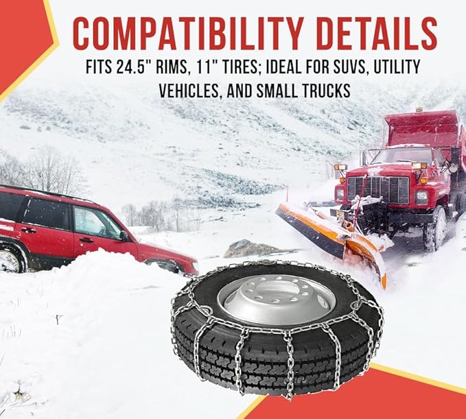 Mytee Products CAM Square Link Snow Tire Chain Compatible w/ 24.5" Rim Diameter & 11" Wide Car Pickup Low-duty Trucks SUV Tir