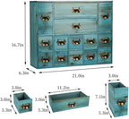 Apothecary Drawers Card Catalog Cabinet with 14 Drawers Wooden Card Catalog Wooden Storage Box for Desktop Organizer (Blue)
