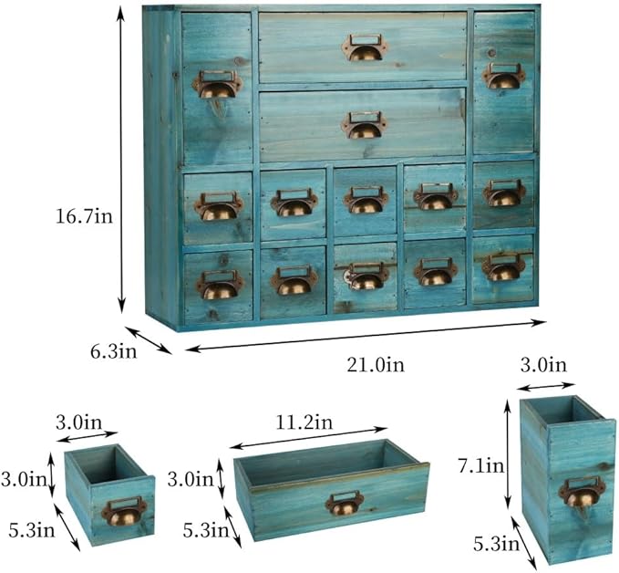 Apothecary Drawers Card Catalog Cabinet with 14 Drawers Wooden Card Catalog Wooden Storage Box for Desktop Organizer (Blue)