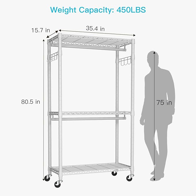 FUTASSI P1 Heavy Duty Garment Rack, 3 Tiers Adjustable Rolling Metal Closet Organizer with Lockable Wheels, FreeStanding Ward
