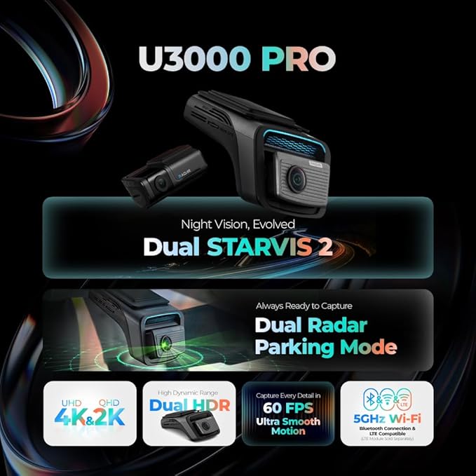 THINKWARE U3000 PRO 2CH 4K HDR Dual Dash Cam Front and Rear - 4K+2K STARVIS 2, Super Night Vision 4.0, Radar Parking Mode, Th