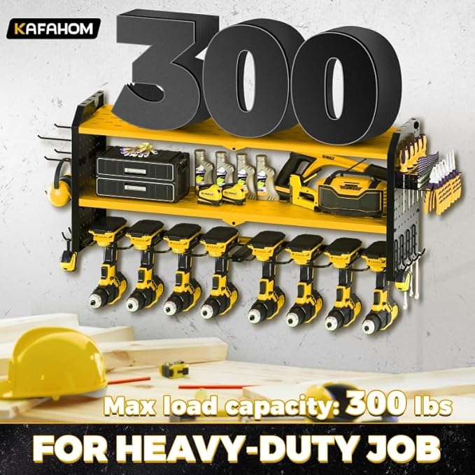 KAFAHOM Power Tool Organizer，Large 8 Drill Holder Wall Mount ，Heavy Duty Metal Tool Shelf with 12 Hooks Storage Rack for Gara