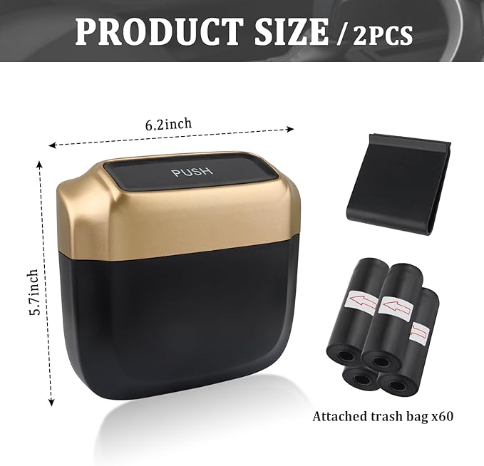 2PCS Car Trash Can with Lid + 60PCS Garbage Bag,Mini Trash Can Car Interior Accessories,Multifunctional ABS Car Organizers and Storage (Gold)