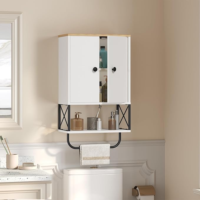 MAHANCRIS Bathroom Wall Cabinet with 2 Door and Adjustable Shelf, Medicine Cabinet with Towel Rack, 3-Tier Wall Mounted Stora