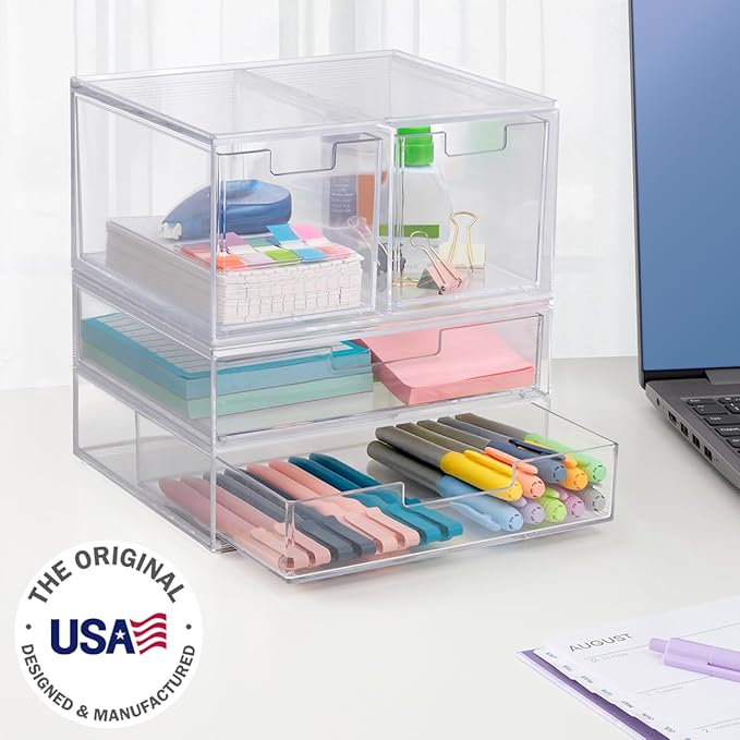 STORi Chloe Space-Saving Clear Drawer Organizer (4 Drawer Set) Sort Office, Kitchen, Beauty Supplies, Makeup, Pens, Jewelry, 