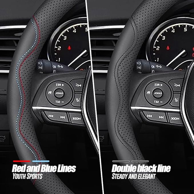 LKWLIKEI Nappa Premium Leather car Steering Wheel Cover, Non-Slip, Breathable, Universal 15 inches,Black and red Blue line