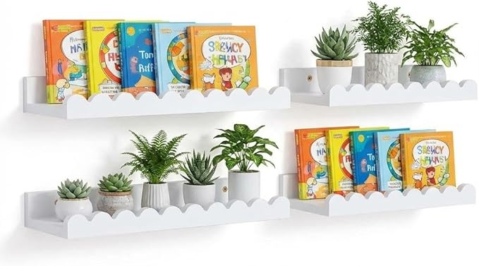 LinTimes 4-Pack Natural Wood & White Floating Shelves Set and 4-Tier LED Wall Shelf Unit with Remote Control – Wall Mounted D