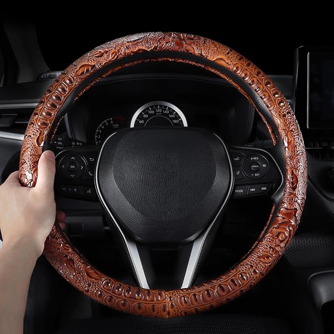 Leather Auto Car Steering Wheel Cover,Anti Slip Universal 15 Inch,Brown Crocodile with Rose Grain
