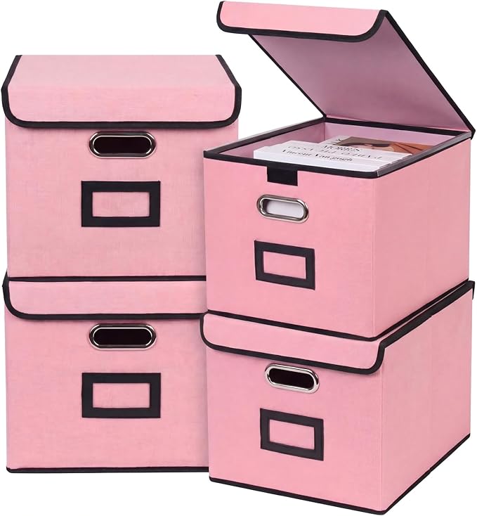 File Storage Box with Lid, 15.55x12.87x10.43 Inches, Foldable Organizer with Handles & Label Slot, for File Storage, Home, Of