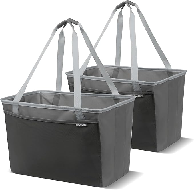 CleverMade Collapsible Tote Basket MAX (64L) – Extra Large Foldable Carry-All Storage Bin with Front Pocket, 60 lb Capacity L