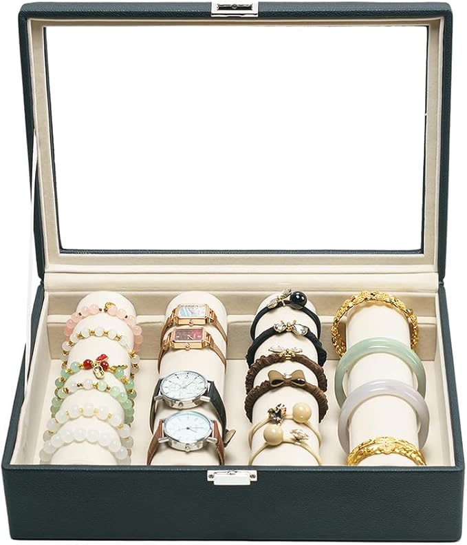 Bracelets Organizer Rods Bangles Display Holder, Clear See through Lid Leather Velvet Jewelry Storage Box Case for Women, 4 R