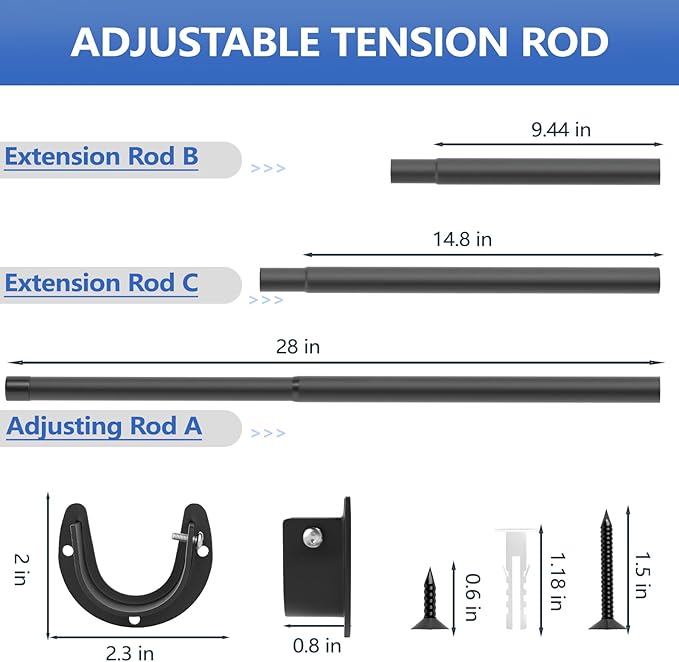 Closet Rods for Hanging Clothes, 17 to 53 Inch Closet Rod, Heavy Duty Adjustable Clothes Hanging Bar Rod Matte Black Closet P