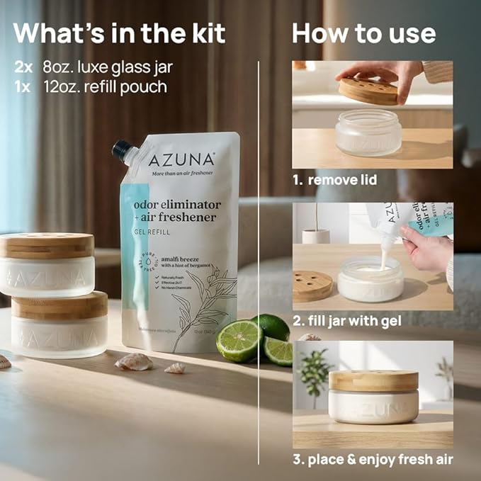 Azuna Air Freshener & Odor Eliminator for Strong Odor | 2 Room Kit Includes (2) 8 oz. Empty Luxe Glass Jars & 12 oz | Refill 